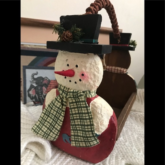 Rare Vintage 70’s Handmade Wood Snowman Basket - Picture 3 of 7